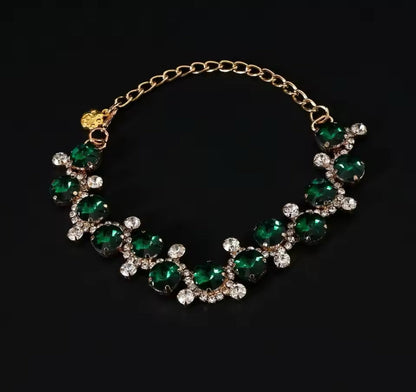 Gold chain pet necklace with green rhinestones and clear crystal accents