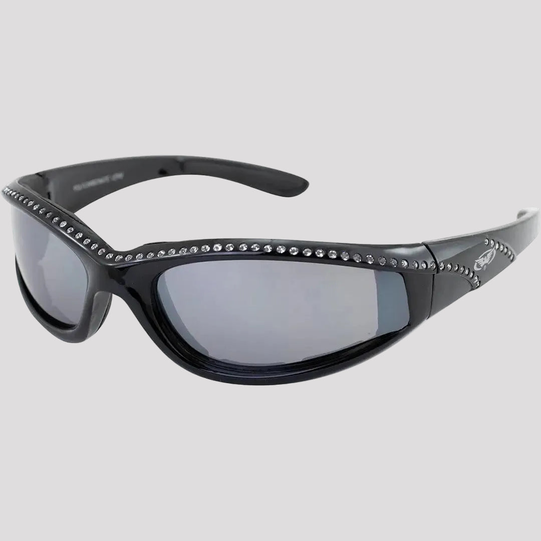 Black rhinestone motorcycle sunglasses with jeweled top bar and tinted lenses