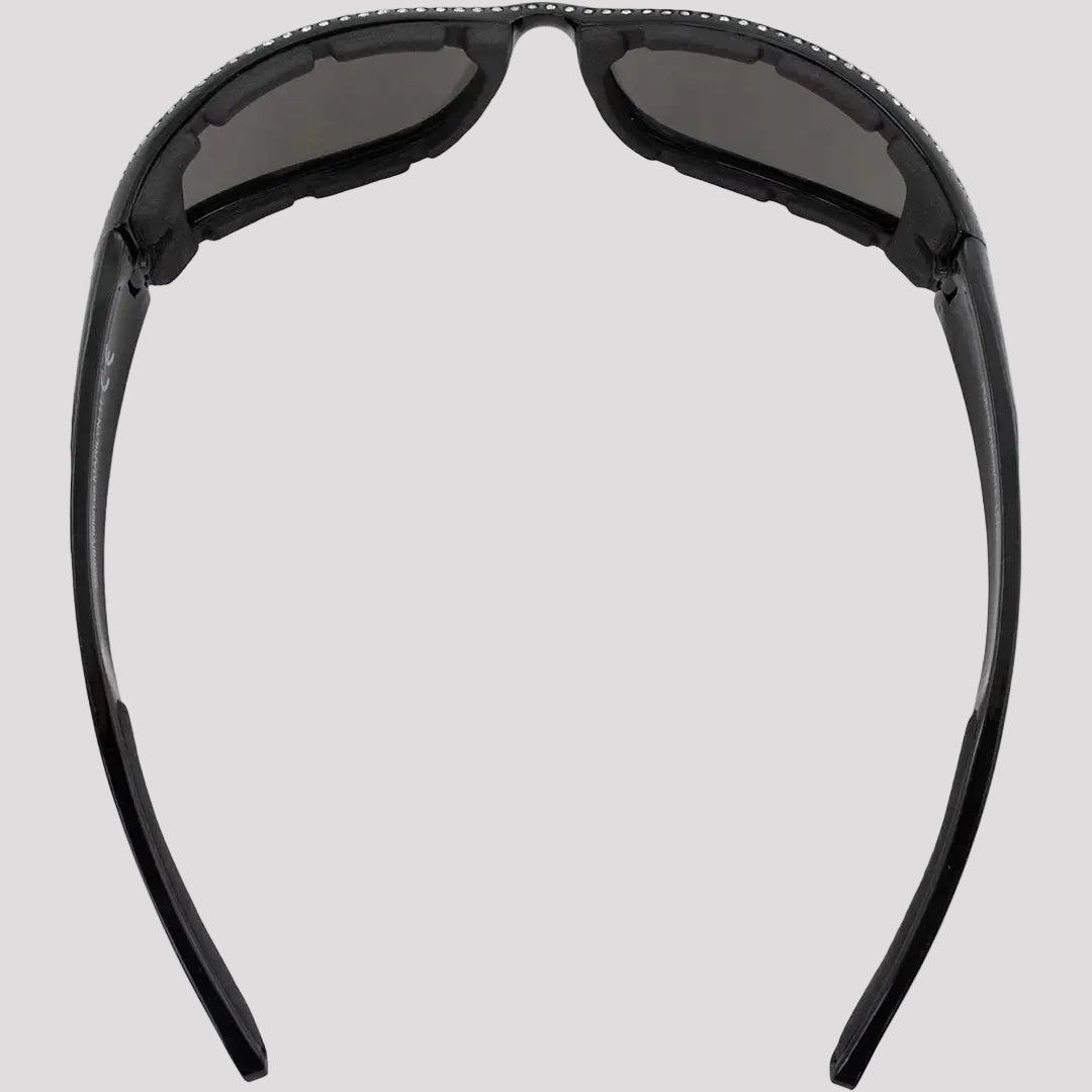 Black sunglasses with rhinestone-studded temples, open-frame side view