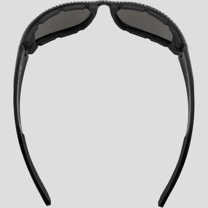 Black sunglasses with rhinestone-studded temples, open-frame side view
