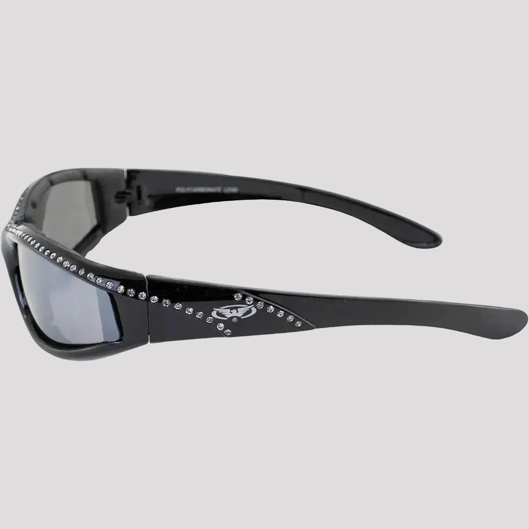 Black rhinestone motorcycle sunglasses with floral jewel detail on arms, tinted lenses