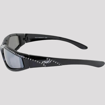 Black rhinestone motorcycle sunglasses with floral jewel detail on arms, tinted lenses