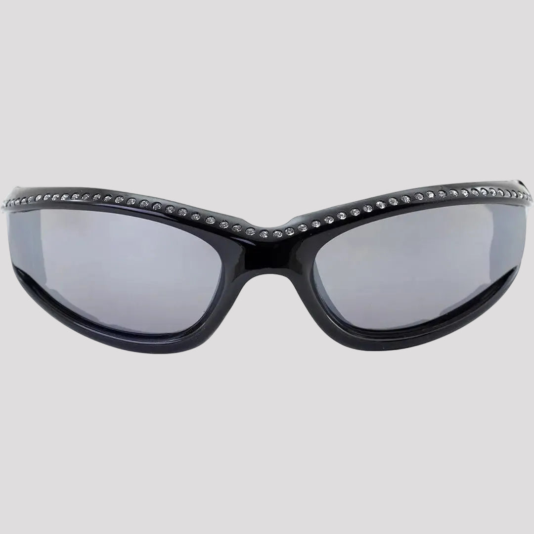 Black rhinestone motorcycle sunglasses with large tinted lenses and top stud trim