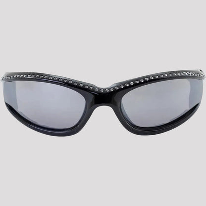 Black rhinestone motorcycle sunglasses with large tinted lenses and top stud trim