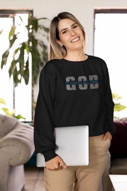 Black crew neck sweatshirt with rhinestone 'GOOD ALL THE TIME' logo