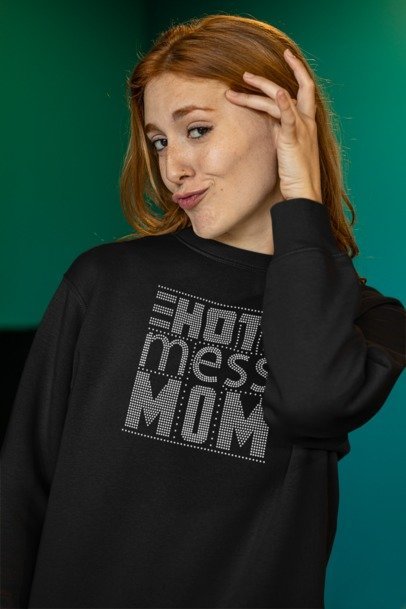 Hot Mess Mom Rhinestone Shirt – Funny Mom Life Sparkle Bling Tee | Blingdazzel Crew Neck Sweater Black