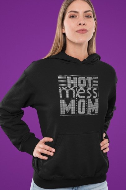 Hot Mess Mom Rhinestone Shirt – Funny Mom Life Sparkle Bling Tee | Blingdazzel Hoodie Black