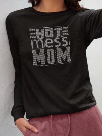 Black long sleeve t-shirt with 'Hot Mess Mom' text on a plain background