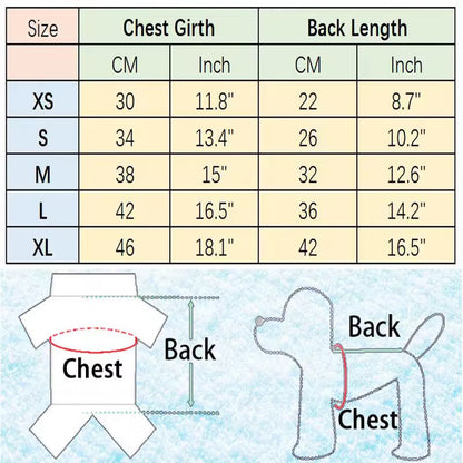 Dog harness size chart showing chest girth and back length measurement diagram