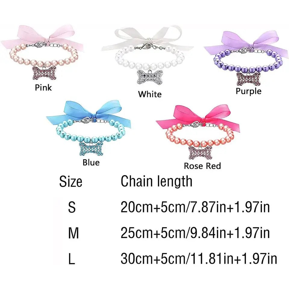 Pearl rhinestone dog collars with bows shown with size and chain length details