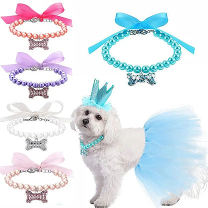 Pink pearl rhinestone dog collar with ribbon bow and dangling bone charm