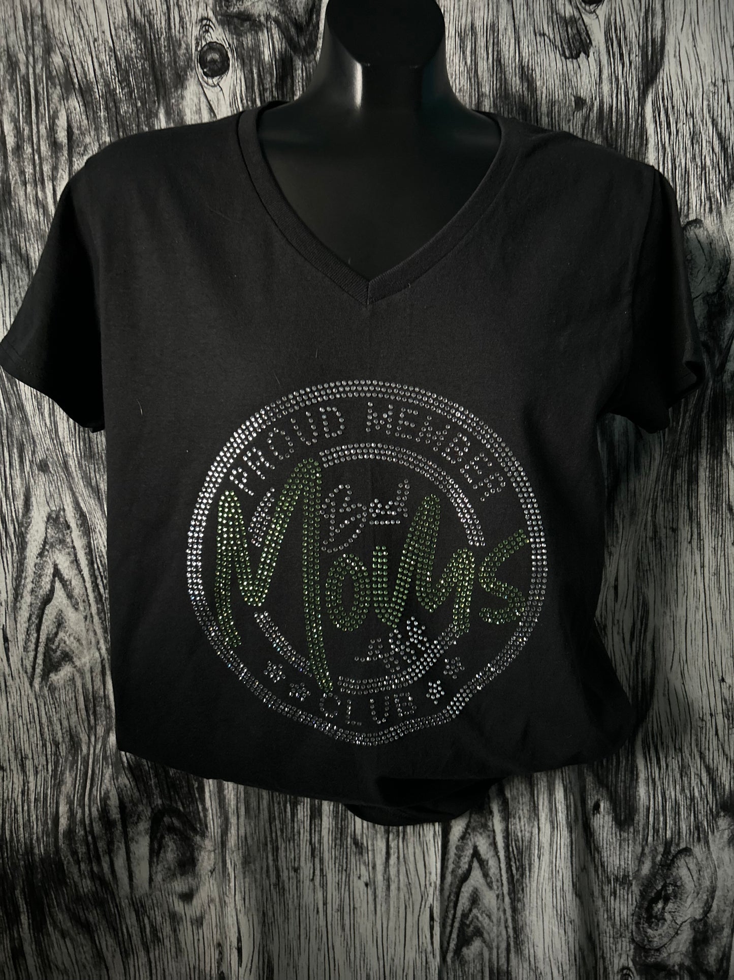 Black V-neck rhinestone logo T-shirt