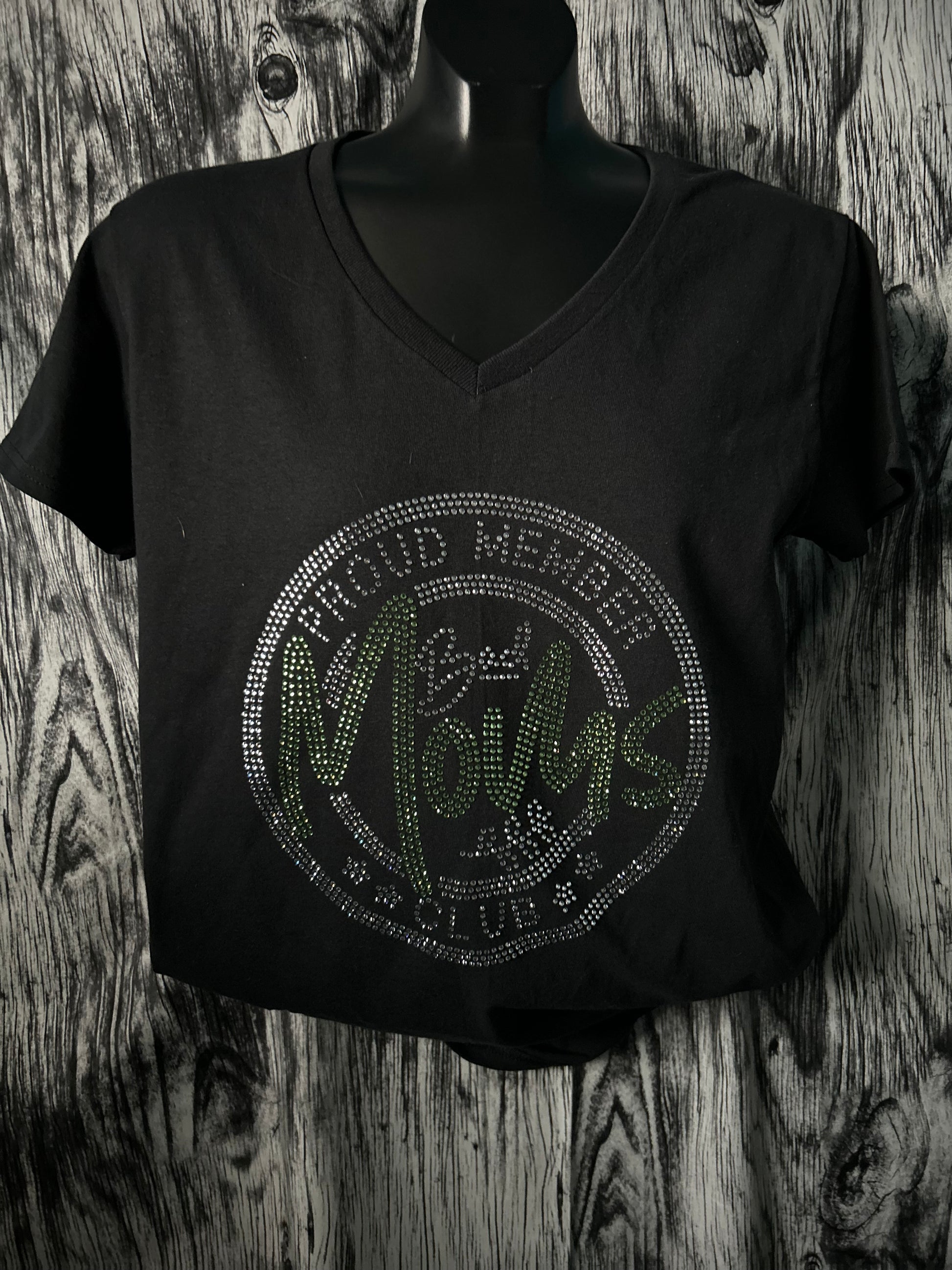 Black V-neck rhinestone logo T-shirt
