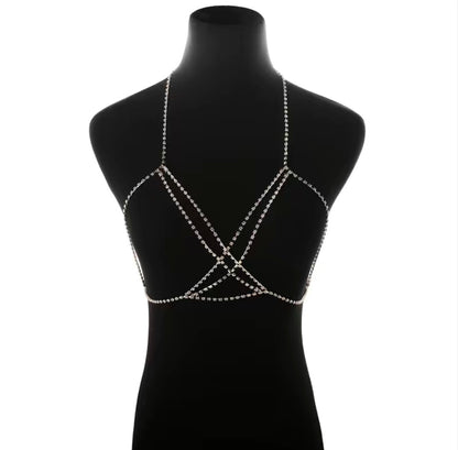 Cross Body Bikini Bra - Body Chain Rhinestones