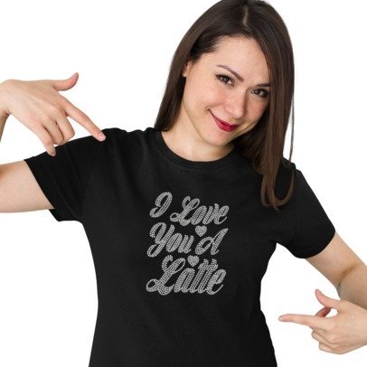 Woman wearing a black t-shirt with 'I Love You A Latte' text