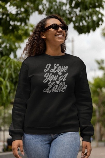 I Love You a Latte Rhinestone Shirt – Cute Coffee Lover Sparkle Bling Tee | Bling Dazzel Crew Neck Sweater Black