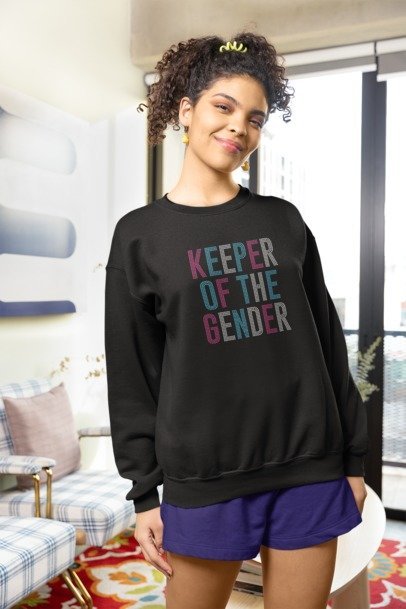 Keeper of the Gender Rhinestone T-Shirt – Gender Reveal Sparkle Tee | Blingdazzel Rhinestone Apparel Crew Neck Sweater Black