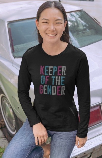 Keeper of the Gender Rhinestone T-Shirt – Gender Reveal Sparkle Tee | Blingdazzel Rhinestone Apparel Long Sleeve T-shirt Black