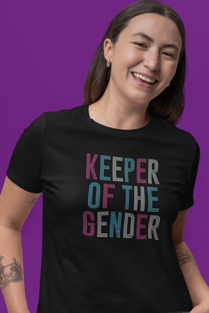Keeper of the Gender Rhinestone T-Shirt – Gender Reveal Sparkle Tee | Blingdazzel Rhinestone Apparel T-shirt Black