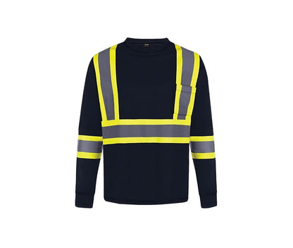 Dark navy long-sleeve safety mesh T-shirt with yellow reflective stripes