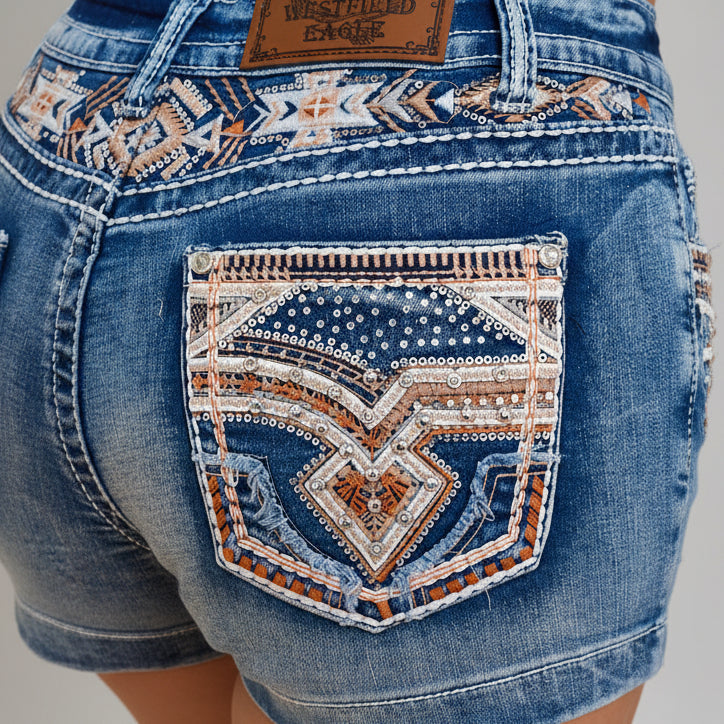 Back yoke with large embellished rhinestone embroidery panel on blue denim shorts