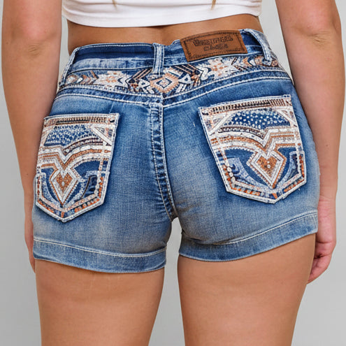 Light blue low-rise denim shorts with two rhinestone embellished front pocket panels