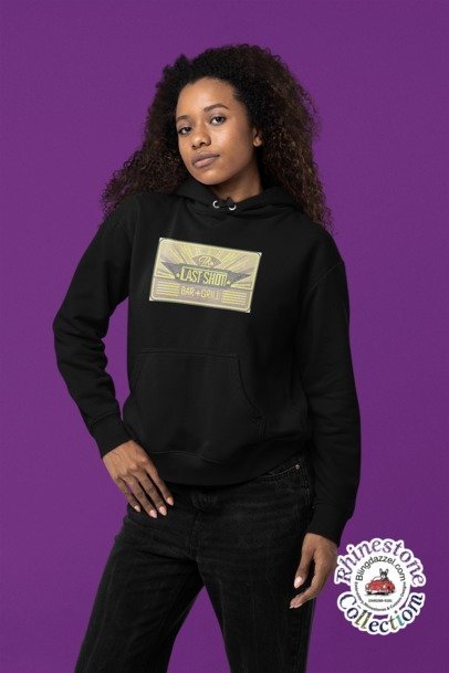 Black hoodie with front rhinestone-style logo badge and front pocket