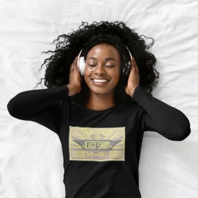 Black crew-neck long-sleeve logo shirt with rhinestone-style front badge