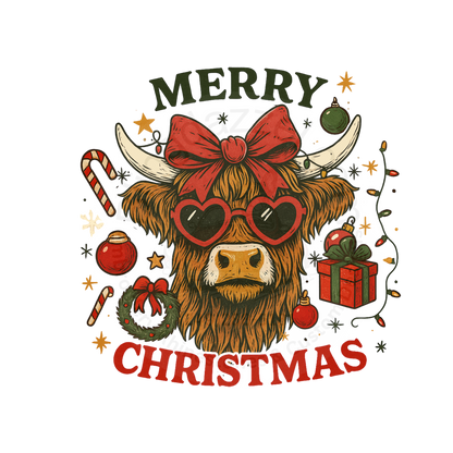 Merry Christmas Cow Head T-Shirt, Funny Christmas Graphic Tee with Glasses
