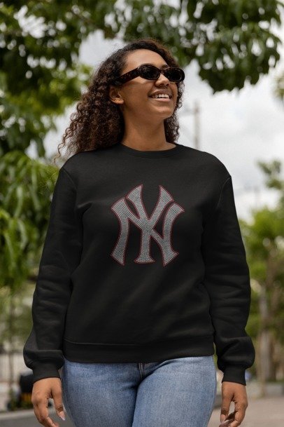 New York Yankees Rhinestone Shirt – Sparkling NY Logo Bling Tee | Bling Dazzel Black Crew Neck Sweater