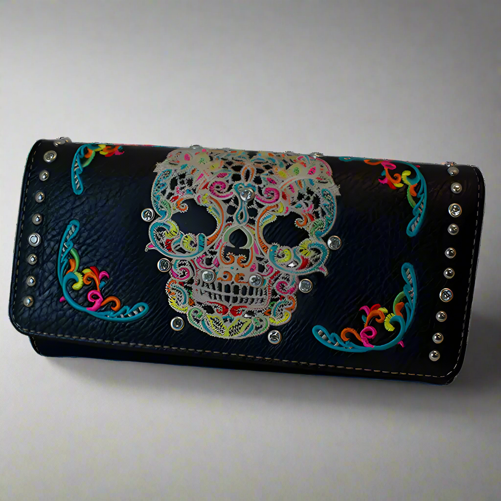 Faux leather trifold wallet with colorful skull print, black faux leather, and silver studs