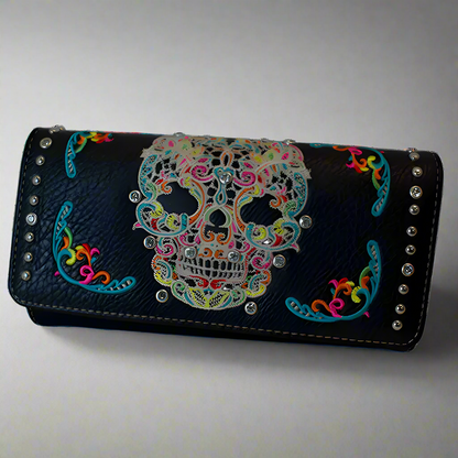 Faux leather trifold wallet with colorful skull print, black faux leather, and silver studs