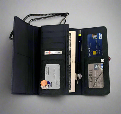 Faux leather trifold wallet open, showing card slots and zippered coin pocket