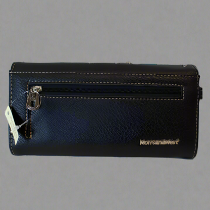 Faux leather trifold wallet, dark blue with top zip and gold-tone hardware