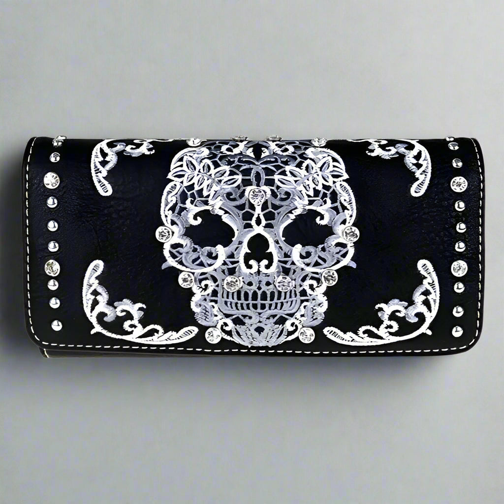 Faux leather trifold wallet with black base, white skull embroidery and silver studs