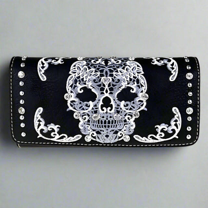Faux leather trifold wallet with black base, white skull embroidery and silver studs
