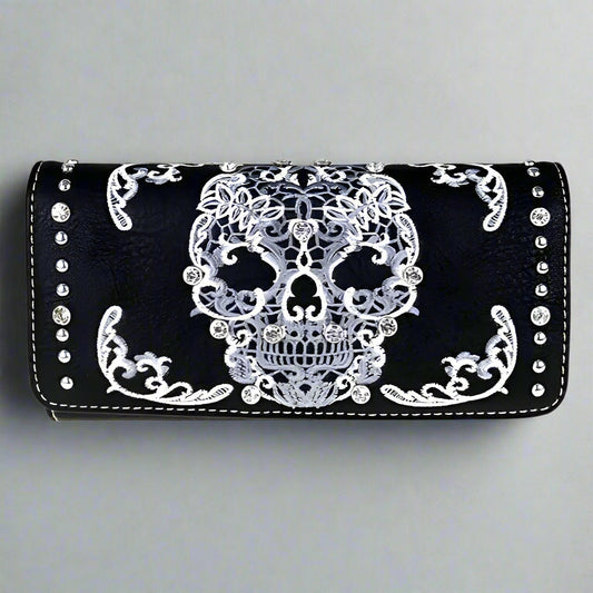 Open Road Women's Sugar Skull Faux Leather Trifold Wallet Black White
