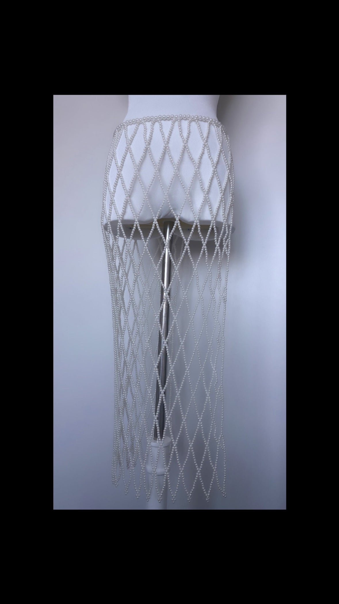 Layered midi pearl mesh skirt with diamond pattern and beaded hem trim