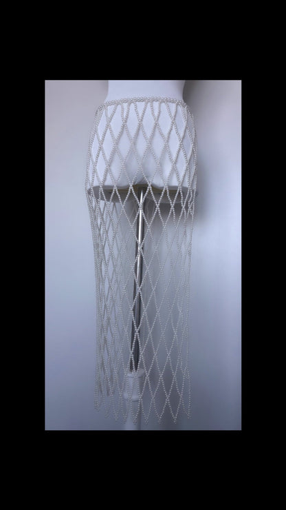 Layered midi pearl mesh skirt with diamond pattern and beaded hem trim