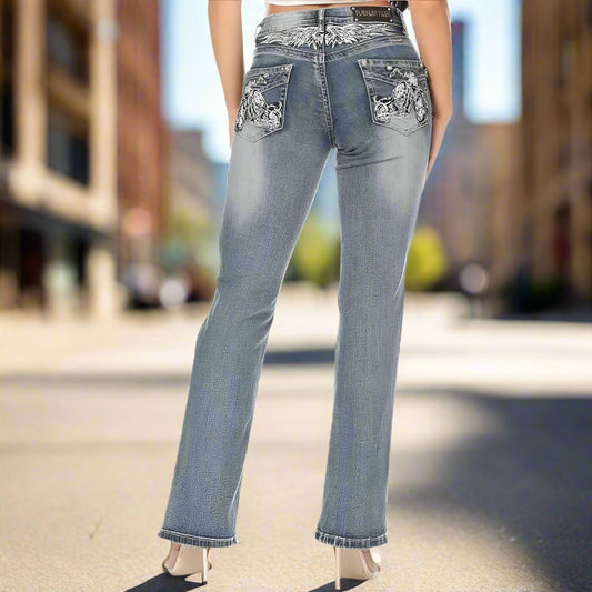Platinum Plush Women's Rhinestone Motorcycle Bootcut Jeans Blue Denim