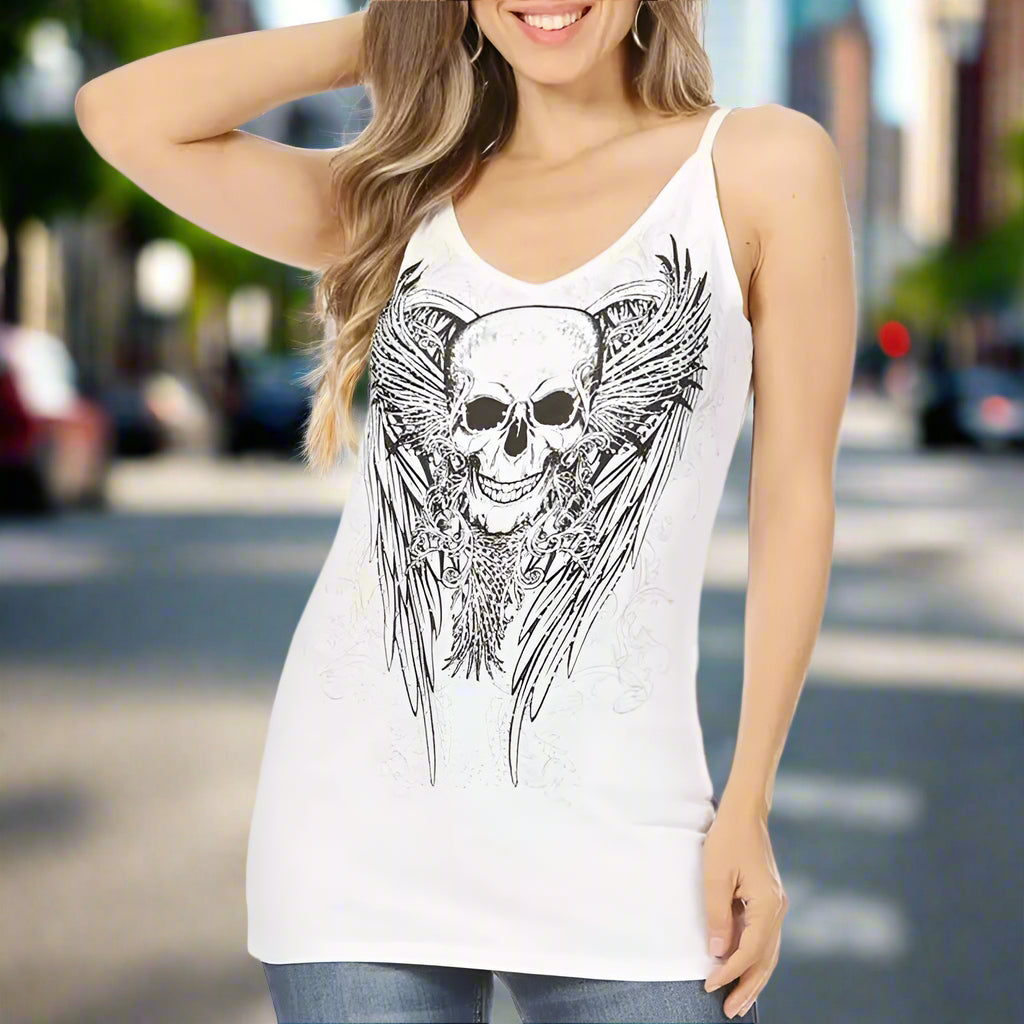 White rhinestone skull and wings tank top for women, thin straps