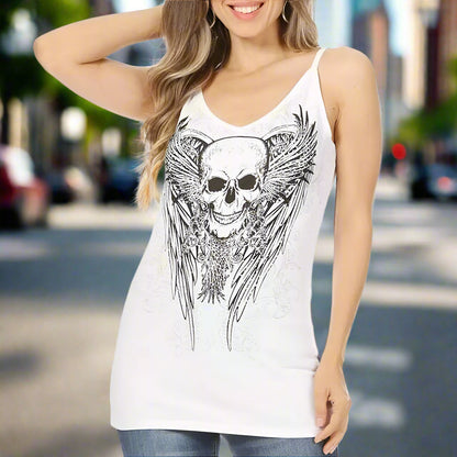 White rhinestone skull and wings tank top for women, thin straps