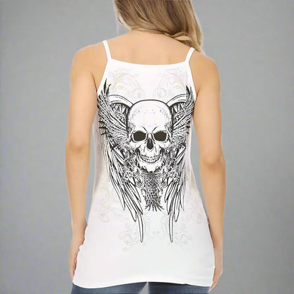 White skull and wings tank top for women, back view, thin straps