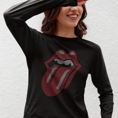 Rolling Stones Tongue Rhinestone Shirt – Iconic Lips & Tongue Sparkle Bling Tee | Bling Dazzel Long Sleeve T-shirt Black
