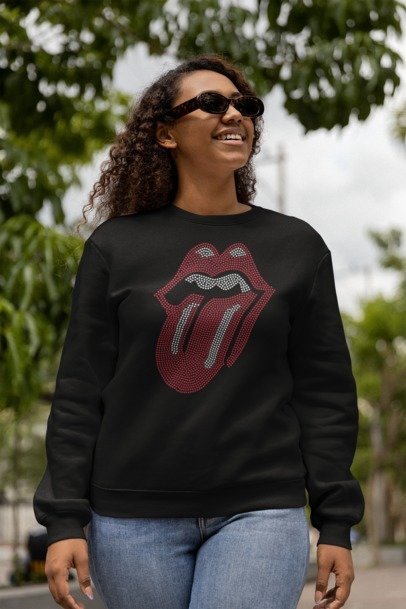 Rolling Stones Tongue Rhinestone Shirt – Iconic Lips & Tongue Sparkle Bling Tee | Bling Dazzel Crew Neck Sweater Black