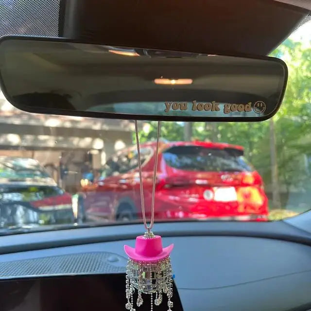 Fringe Rhinestone Pink Cowgirl Disco Ball Car Hanging Rear View Mirror Accessory Cowboy Trendy Cute Charms Christmas Ornaments