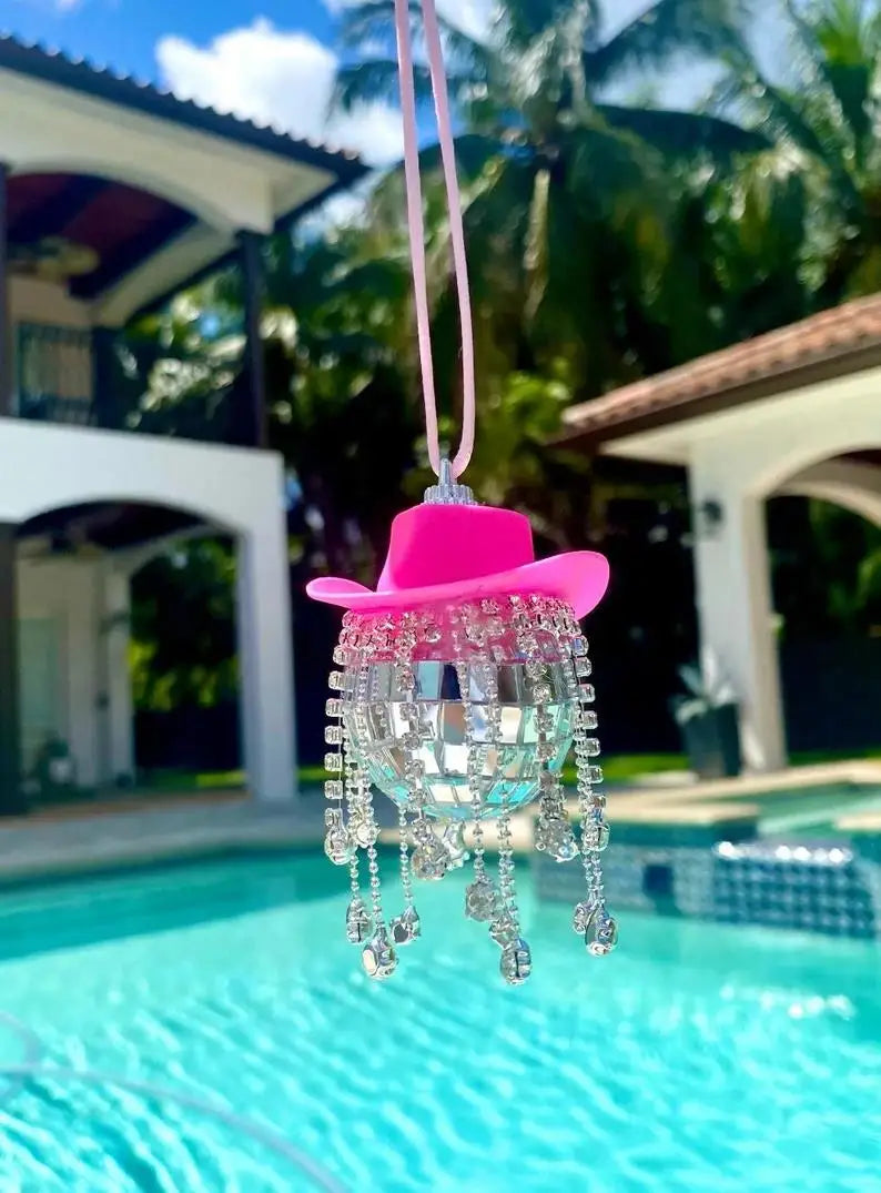 Fringe Rhinestone Pink Cowgirl Disco Ball Car Hanging Rear View Mirror Accessory Cowboy Trendy Cute Charms Christmas Ornaments