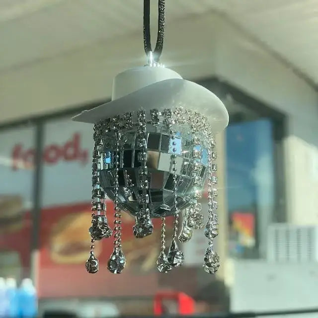 Fringe Rhinestone Pink Cowgirl Disco Ball Car Hanging Rear View Mirror Accessory Cowboy Trendy Cute Charms Christmas Ornaments