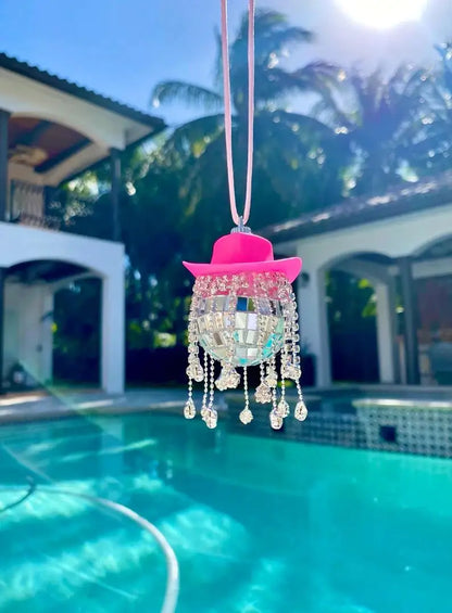 Fringe Rhinestone Pink Cowgirl Disco Ball Car Hanging Rear View Mirror Accessory Cowboy Trendy Cute Charms Christmas Ornaments