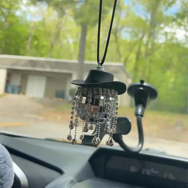 Fringe Rhinestone Pink Cowgirl Disco Ball Car Hanging Rear View Mirror Accessory Cowboy Trendy Cute Charms Christmas Ornaments